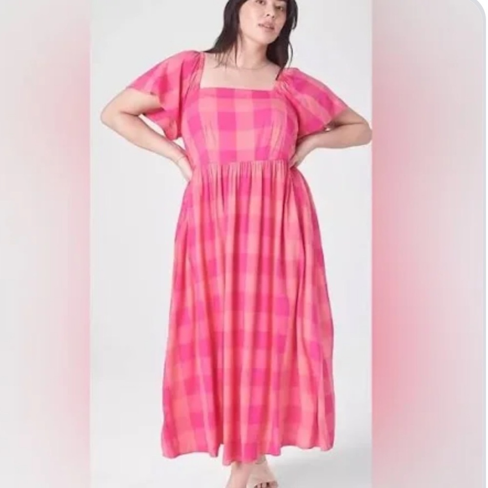 Lane Bryant Pink Buffalo Plaid Flutter Sleeve Maxi Dress with Pockets Size 16
